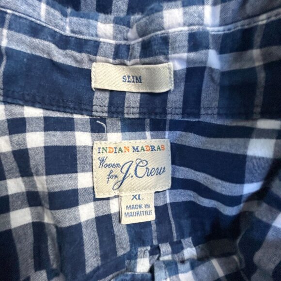 J.Crew Indian Madras Mens Slim-Fit Blue White Plaid Button-Down Shirt XL Cotton - Picture 3 of 8